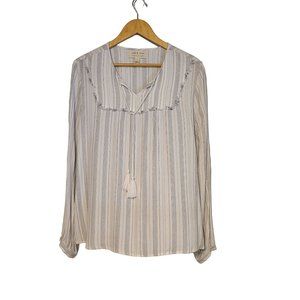 Cloth & Stone Women Long Sleeve Striped Fringe Tie Tassel Top Large Boho V Neck